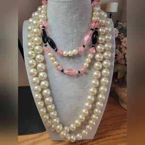 2 Necklaces With Faux Pearl and Pink and Black Beads